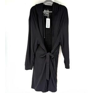 NWT Dude Robe Mens 2XL Black Hooded Belted Pockets Sleepwear Lounge Bathrobe